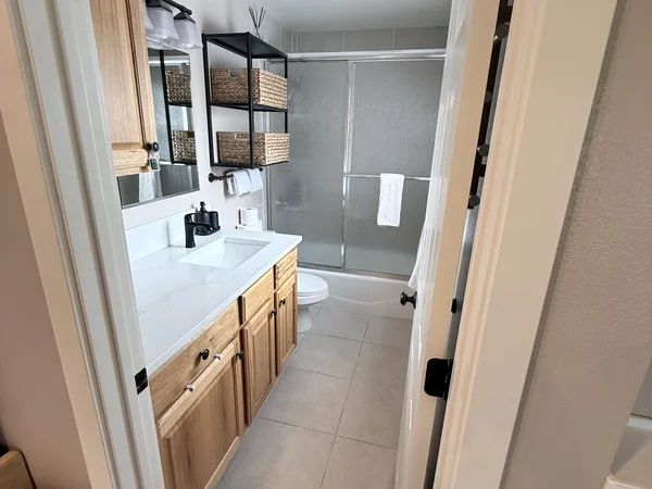 Bathroom vanity, shower, and visible surfaces cleaned