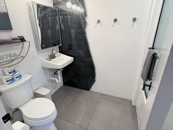 Bathroom fixtures, shower, and nearby surfaces cleaned