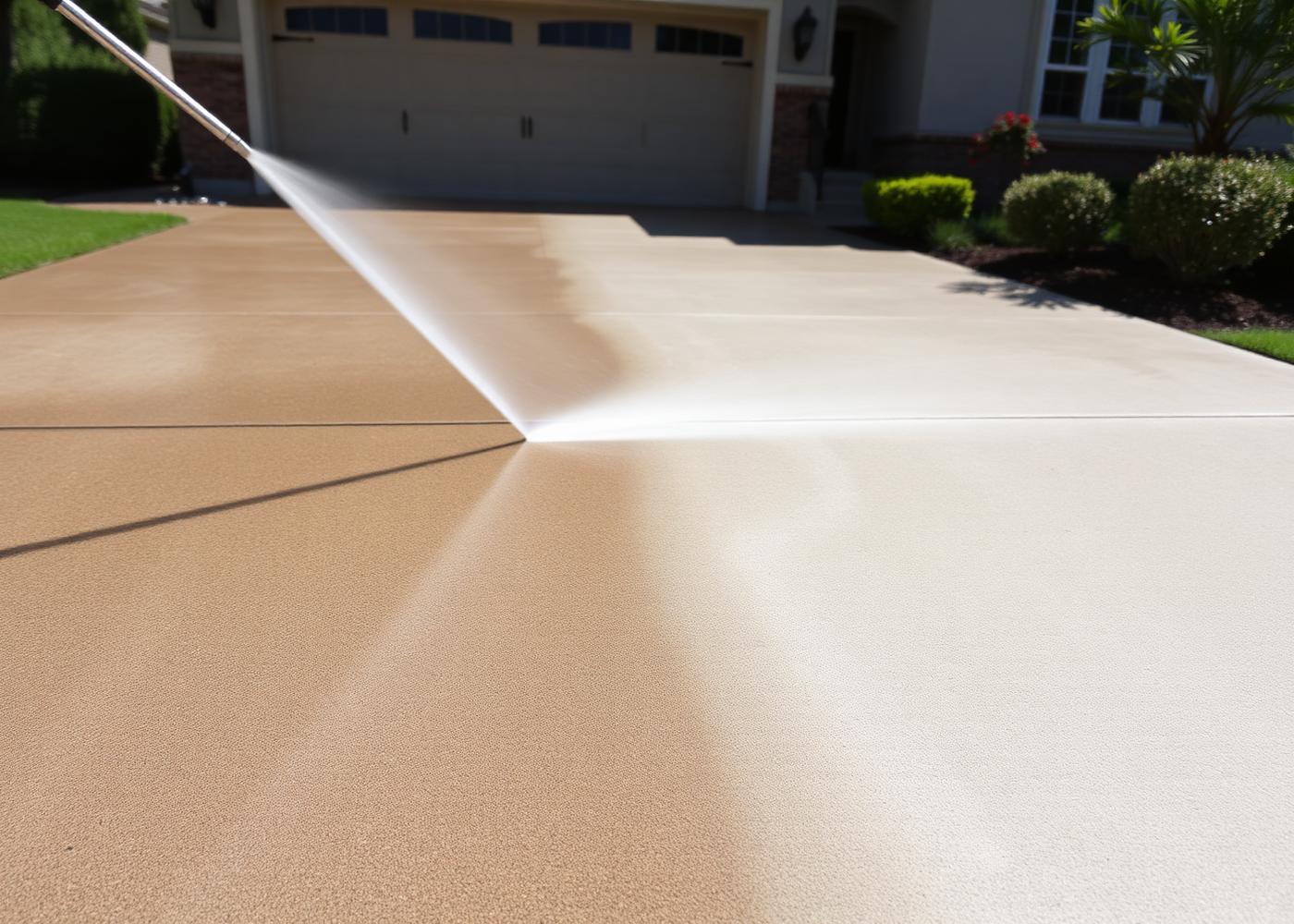 Driveway pressure washing support image showing clean and dirty concrete